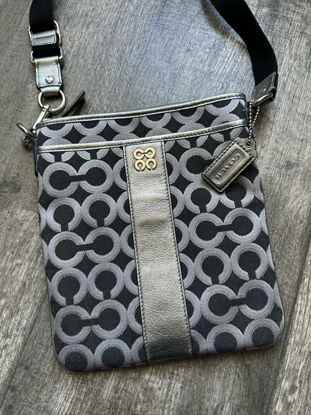 Coach Black & Gray Signature Crossbody purse with Metallic Trim